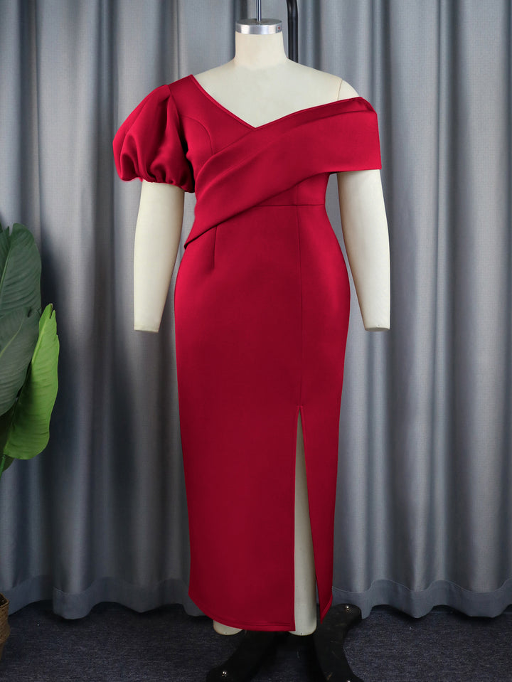 Damen Elegantes Maxikleid mit asymmetrischem Ausschnitt und voluminösen Puffärmeln Drune