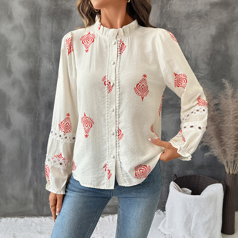 Damen Bluse mit romantischer Stickerei und Rüschendetails Drune