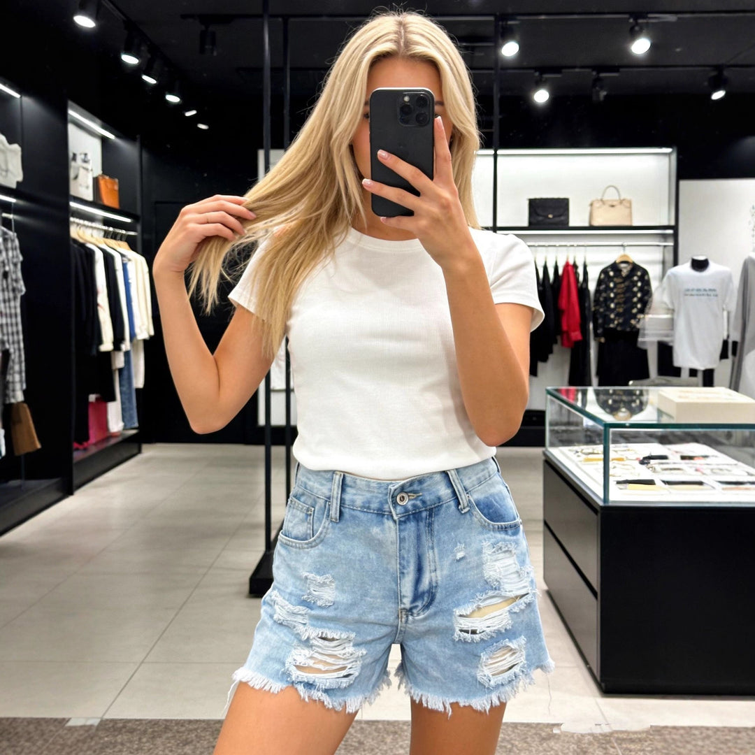 Damen Destroyed Denim-Shorts mit hohen Taschen und fransigem Saum Drune
