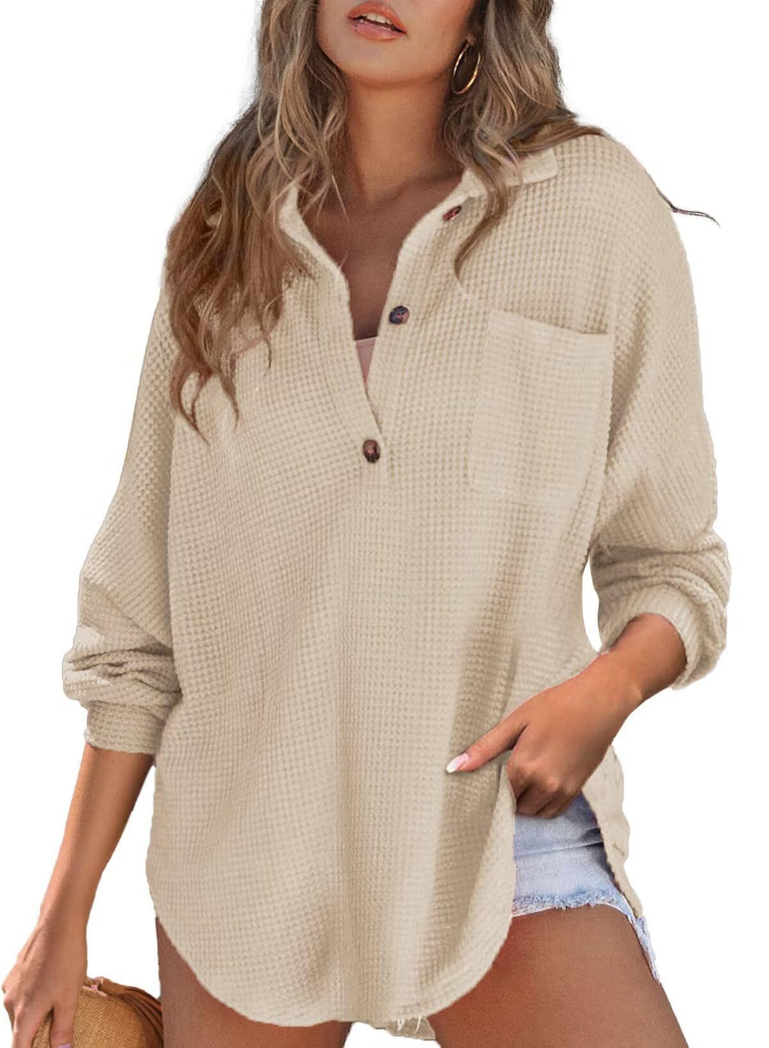 Damen Waffelstruktur-Hemd mit Knopfdetails Drune