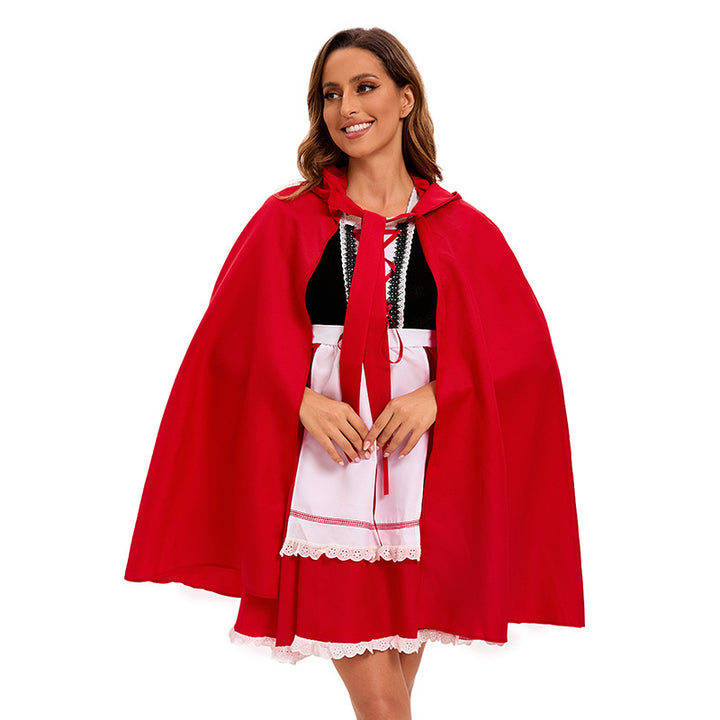 Damen nan Kapuzen-Cape Kostüm mit Schürzenkleid und romantischen Spitzenakzenten Drune