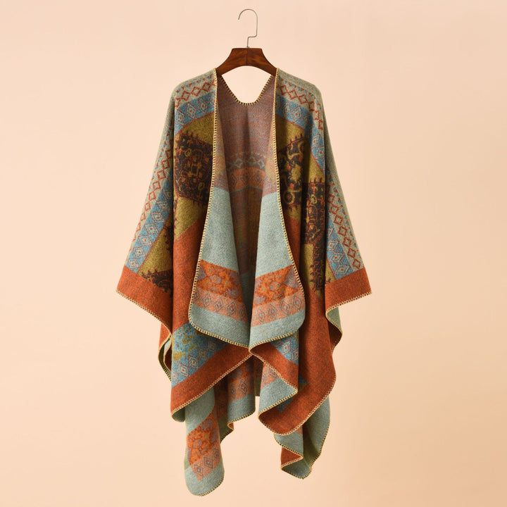 Damen Modischer Poncho mit kunstvollem Muster und fransigen Kanten Drune