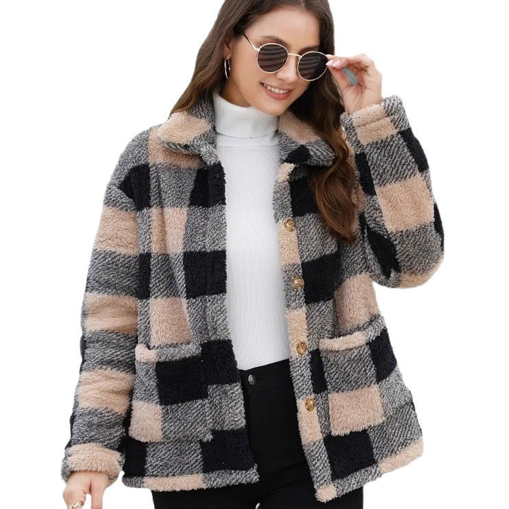 Damen nan gefütterte Karo Teddy-Fleece Shacket mit Knopfleiste und aufgesetzten Taschen Drune