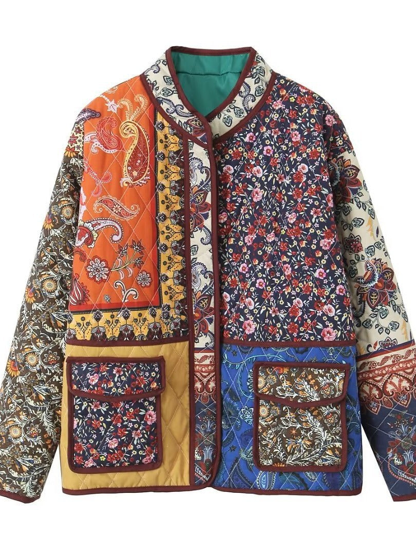 Damen gesteppte Patchworkjacke mit floralem Design und praktischen Taschen Drune