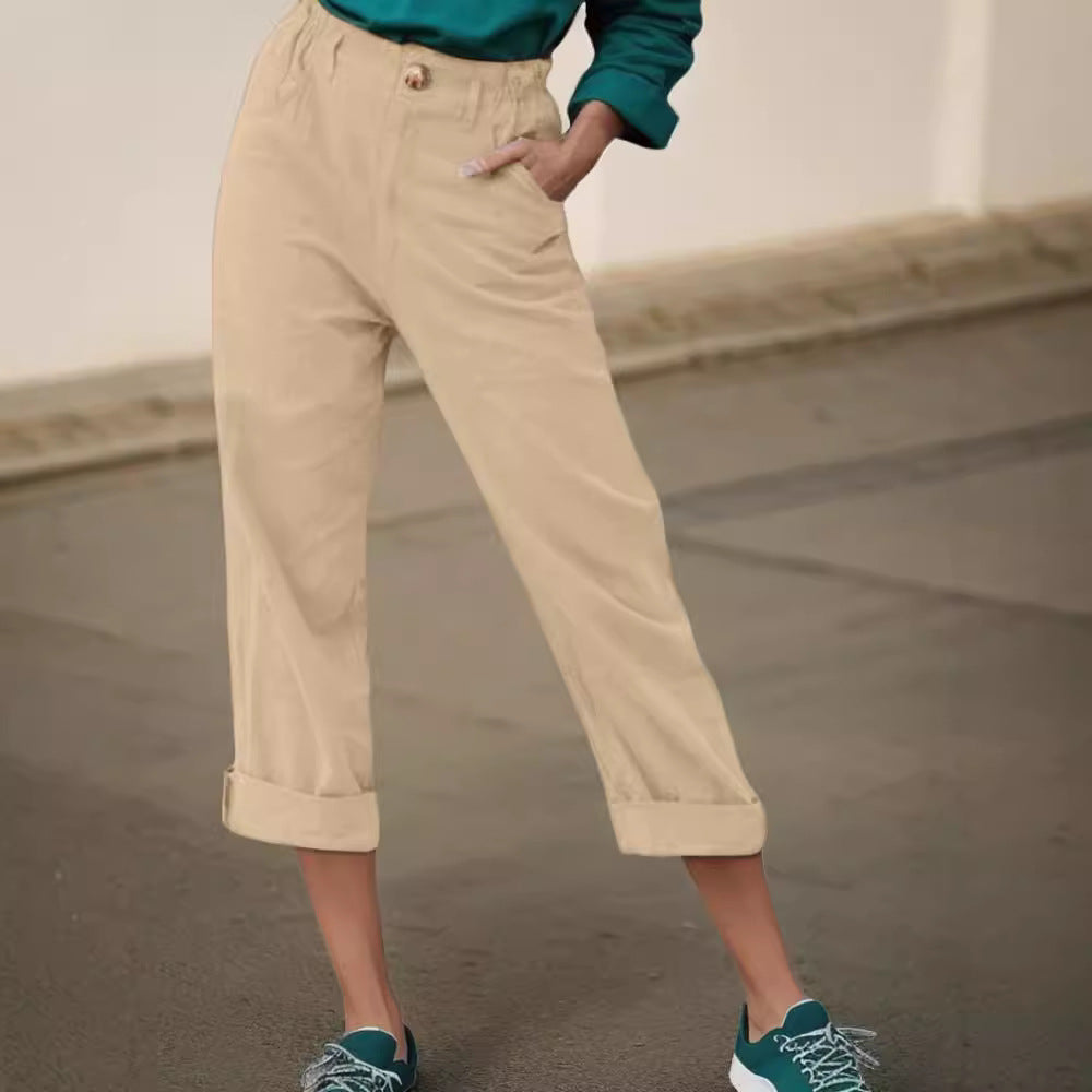 Damen Elegante Leinenhose mit breitem Bein und umschlagenem Saum Drune