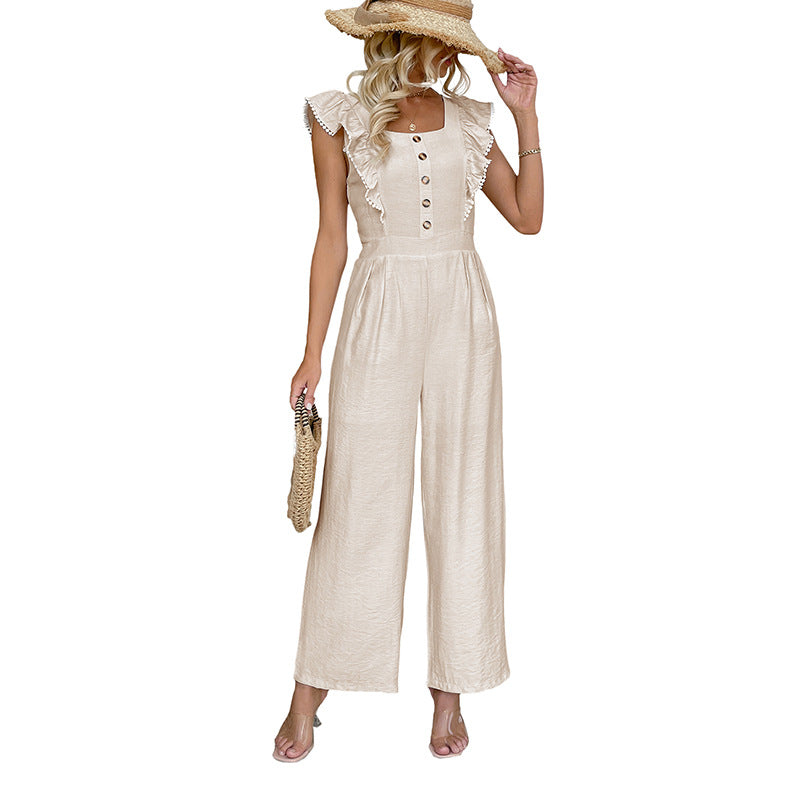 Damen elegante Sommerröcke Jumpsuit mit Rüschendetails und praktischen Knopfverschlüssen Drune