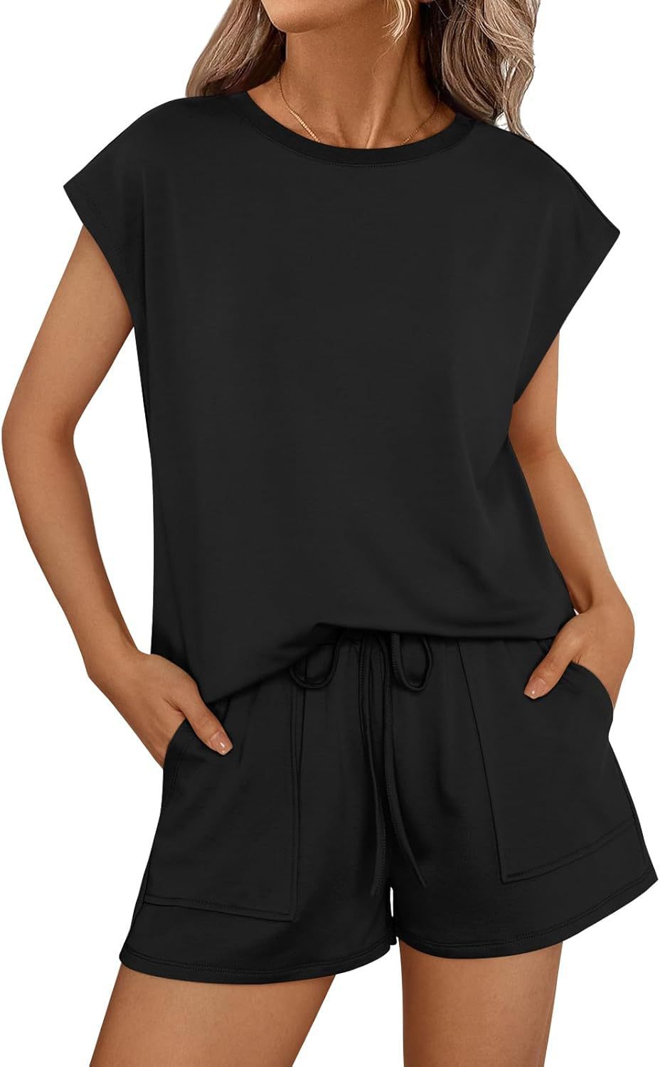 Damen lässiges Sommer-Set aus Oberteil und Shorts mit Kordelzug Drune