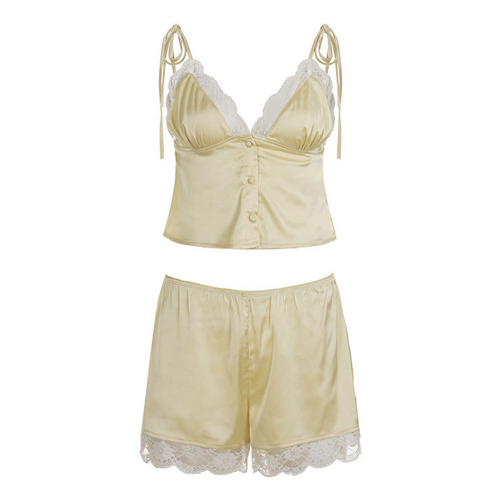 Damen Schlafanzug Set mit zarten Blumenmuster und feinen Rüschendetails Drune