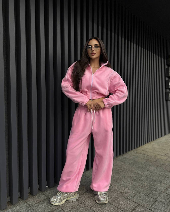 Damen Fleece-Jogginganzug mit hohem Kragen und elastischem Bund Drune
