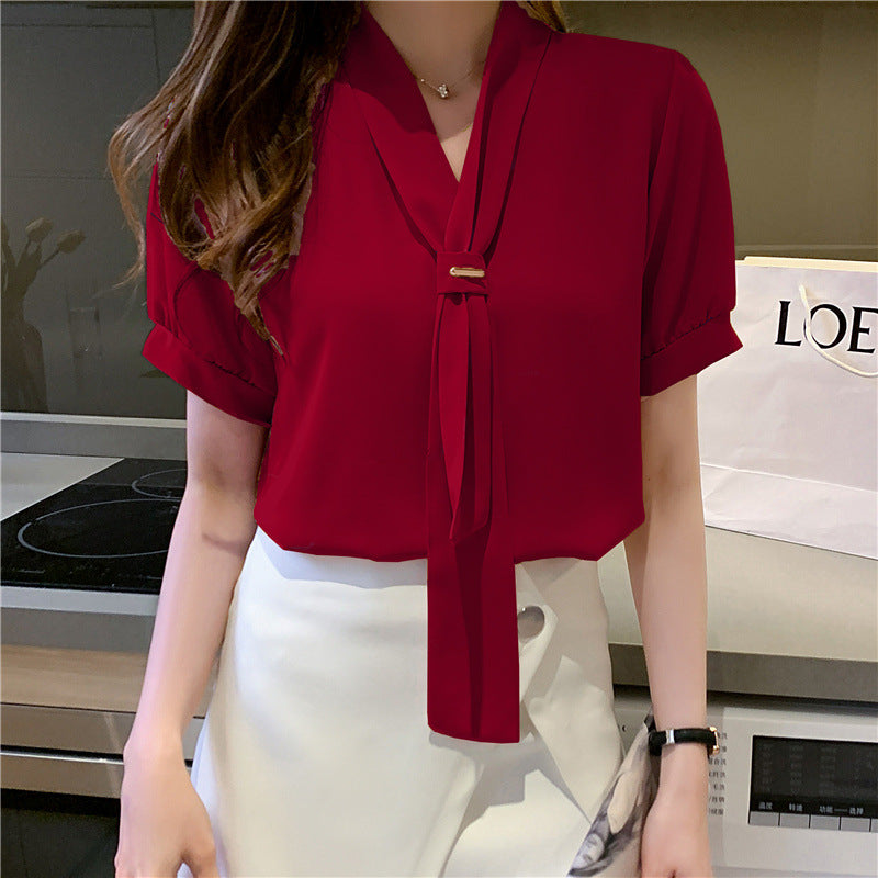 Damen Bluse mit eleganter Schleife und modischen Puffärmeln Drune