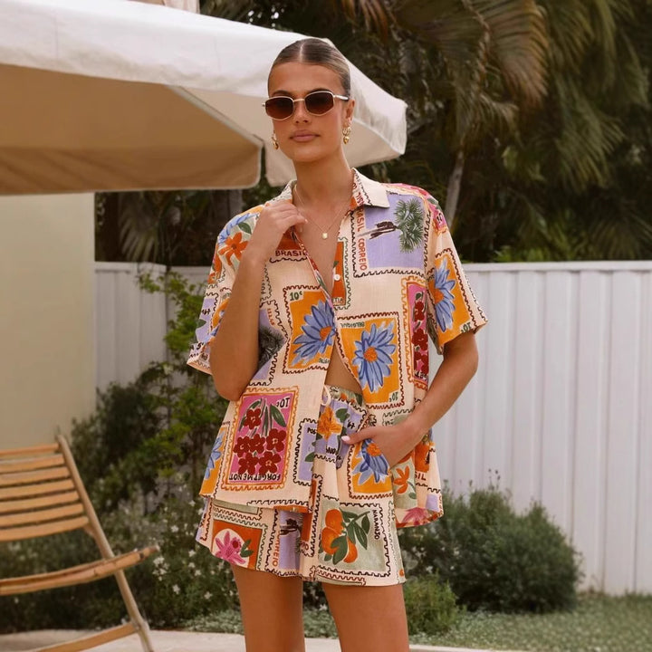Damen Kurzarm-Hemd mit passender Shorts im floralem Design Drune