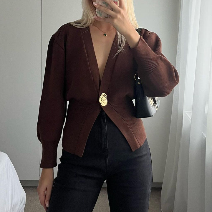Damen modischer Strickcardigan mit tiefem V-Ausschnitt und dekorativem Knopf Drune