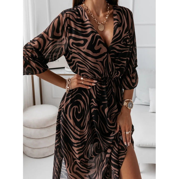 Damen elegantes Maxikleid mit animalischen Mustern und modischem Schlitz Drune
