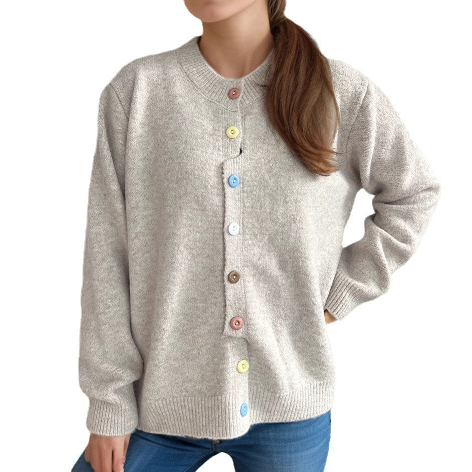 Damen kuschelige Strickjacke mit bunten Knopfdetails Drune