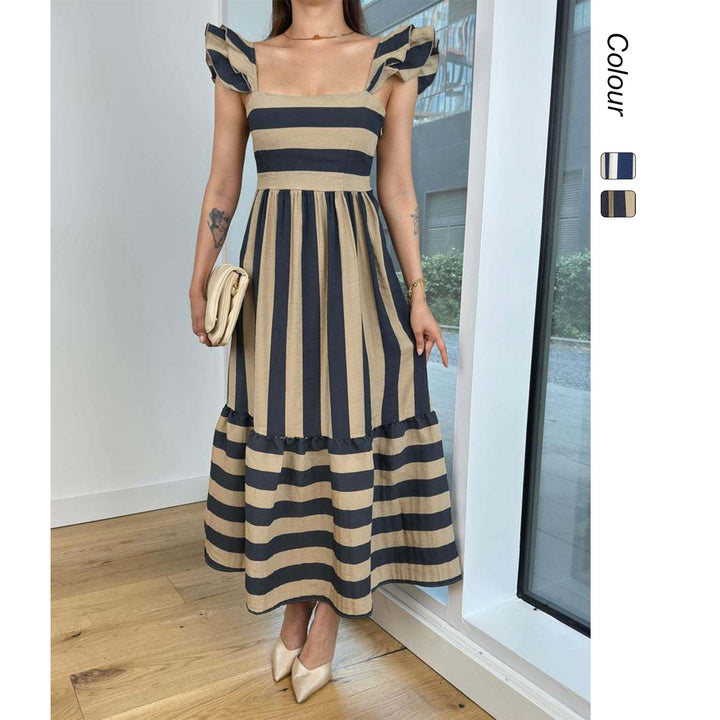 Damen Maxi-Kleid mit verspieltem Streifenmuster und Rüschendetails Drune