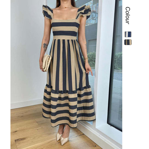 Damen Maxi-Kleid mit verspieltem Streifenmuster und Rüschendetails Drune