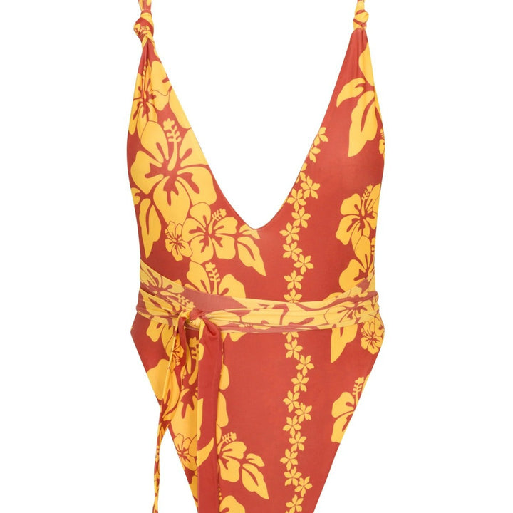 Damen Einteiliger Badeanzug mit tiefem V-Ausschnitt und floralem Design Drune