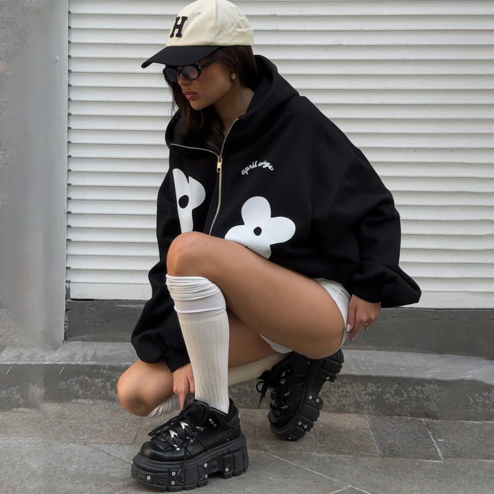 Damen oversized Kapuzenpullover mit kreativen Blumenmotiven Drune