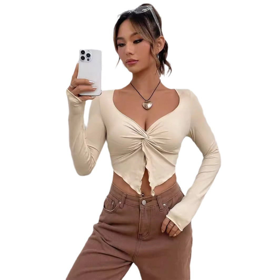 Damen figurbetontes Langarmshirt mit trendy Knotendetail Drune