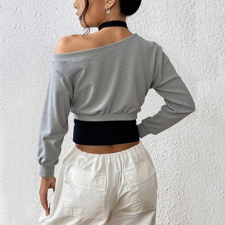 Damen cropped Sweatshirt mit offener Schulter und elastischem Bund Drune