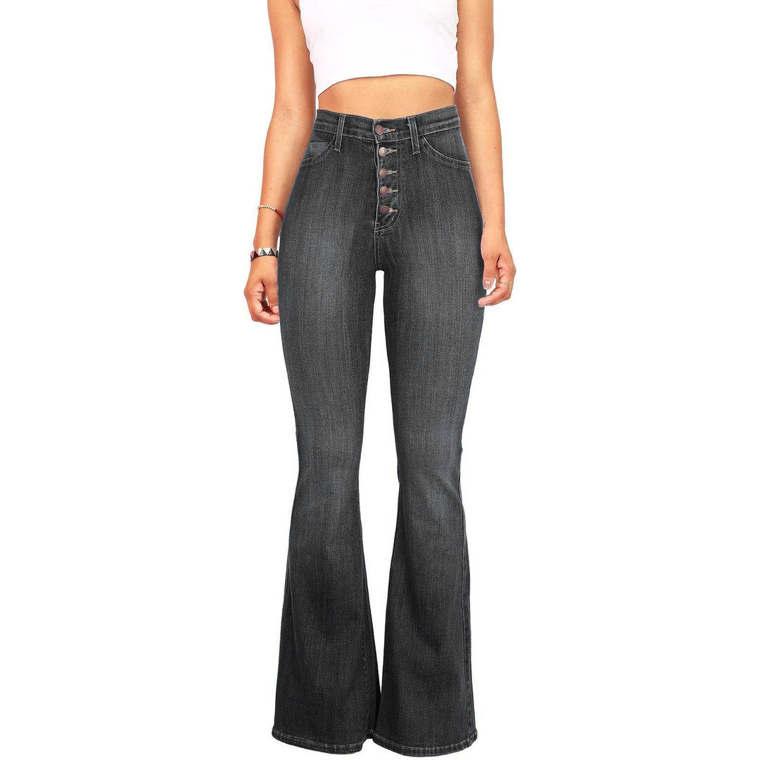 Damen Hohe Taille Flared Jeans mit dekorativen Knöpfen Drune