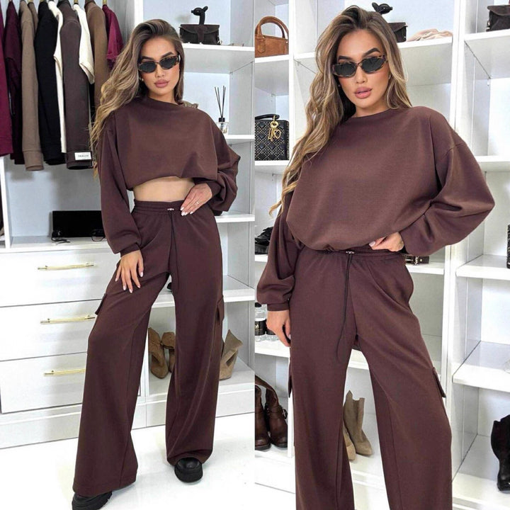 Damen lässiges Voile-Loungewear-Set mit cropped Oberteil und geraden Hosen Drune