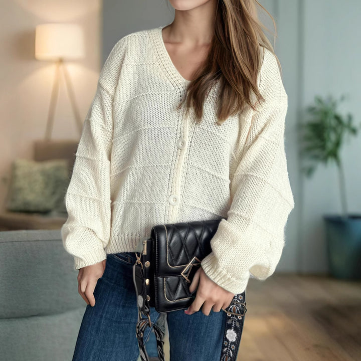 Damen lässige Strickjacke mit tiefem V-Ausschnitt und eleganten Knopfdetails Drune