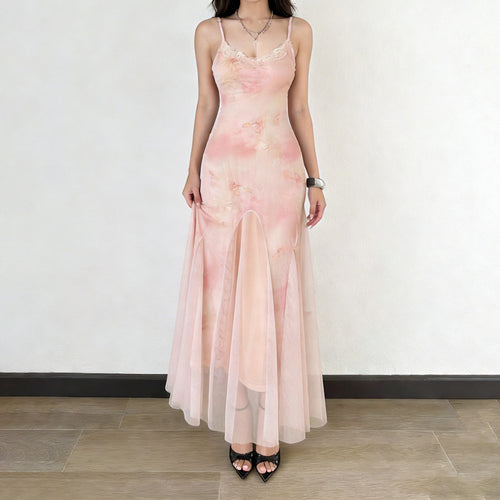 Damen elegantes Maxikleid aus transparenter Spitze und floralem Design Drune