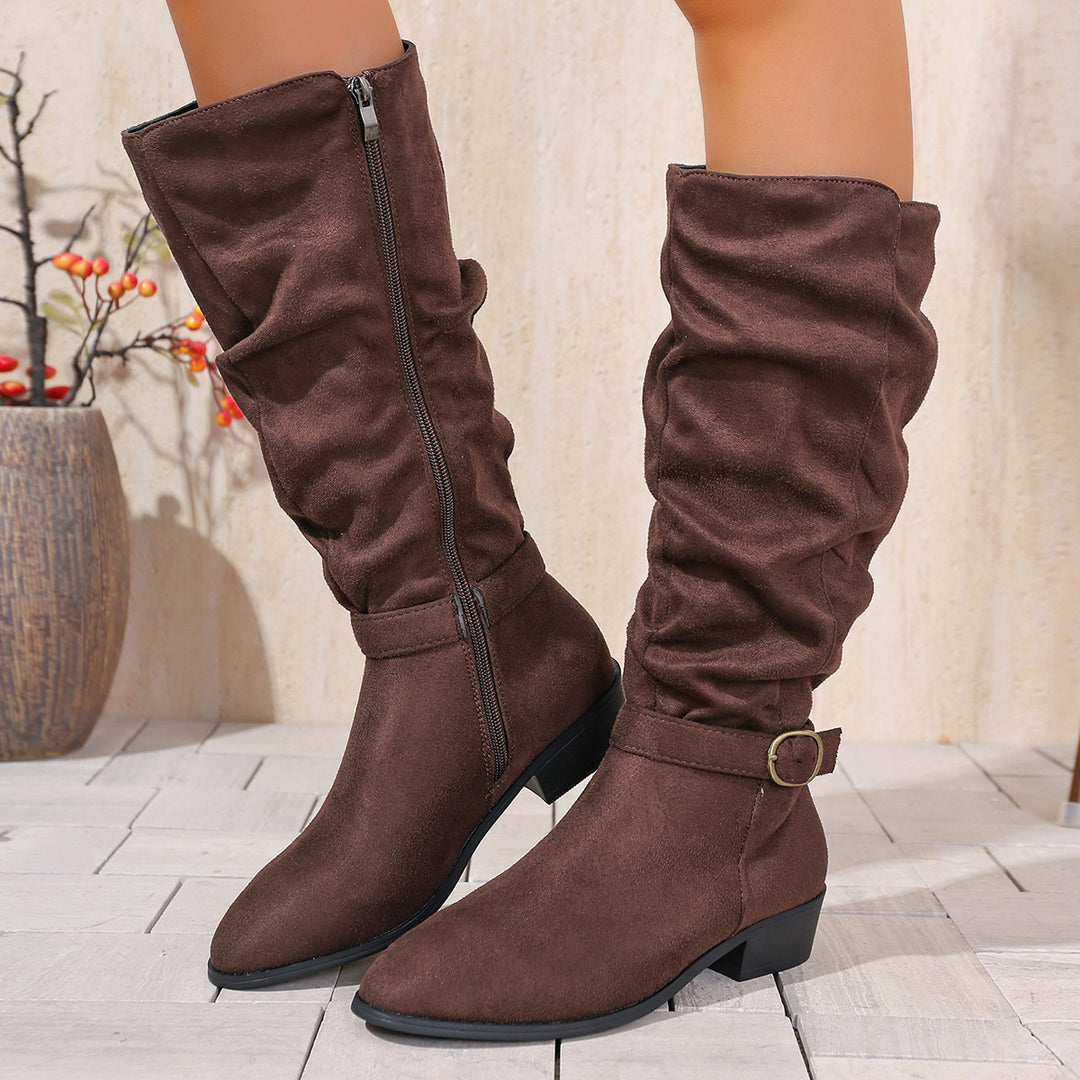 Damen kniehoher Slouch-Stiefel aus weichem Microvelours mit Ziergurt und niedrigem Blockabsatz Drune