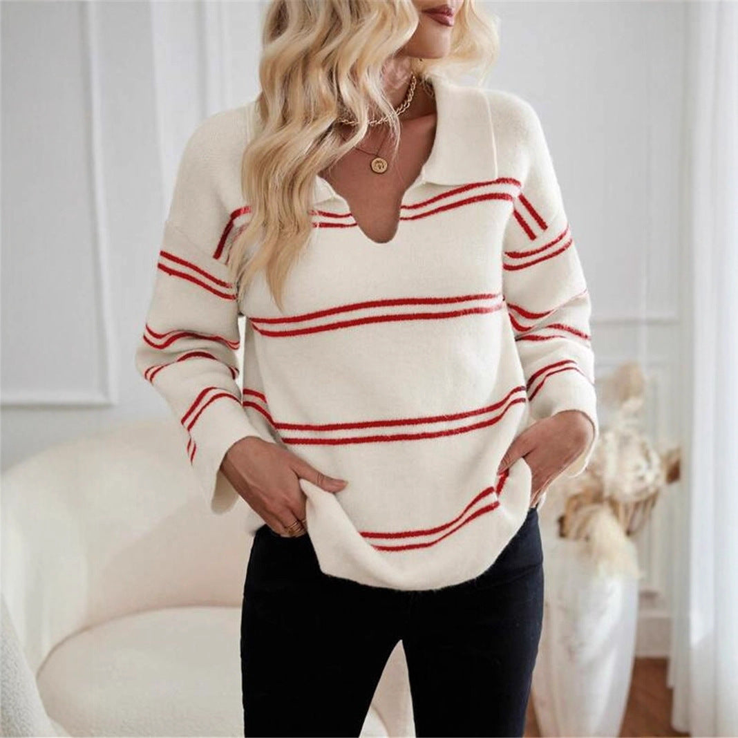 Damen lässiger Pullover mit Polo-Kragen und gestreiftem Design Drune