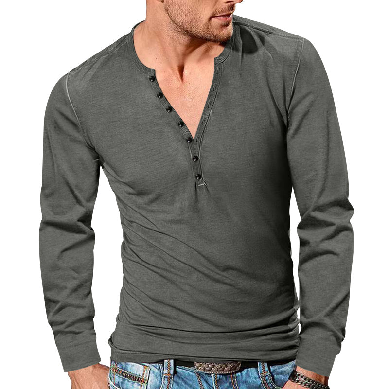 Herren nan langärmeliges Henleyshirt mit tiefer V-Knopfleiste, schmalem Slimfit und leichter Baumwollmischung Drune