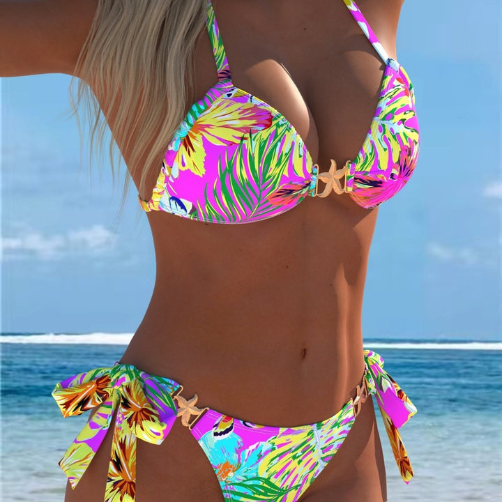 Damen Triangel-Bikini mit tropischem Muster und dekorativen Schnürdetails Drune
