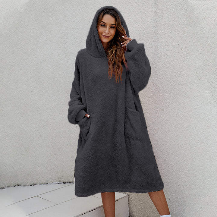 Damen gemütliches Fleece-Hoodie-Kleid mit praktischen Taschen und großer Kapuze Drune