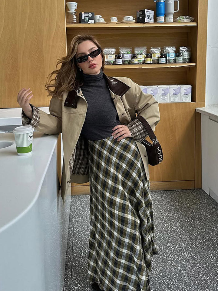 Damen lässige Utility-Jacke mit modischem Karomuster Drune