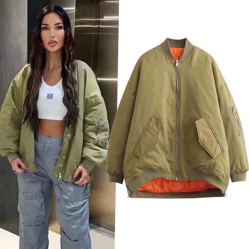 Damen modische Oversized Bomberjacke mit funktionalen Taschen und sportlichem Design Drune