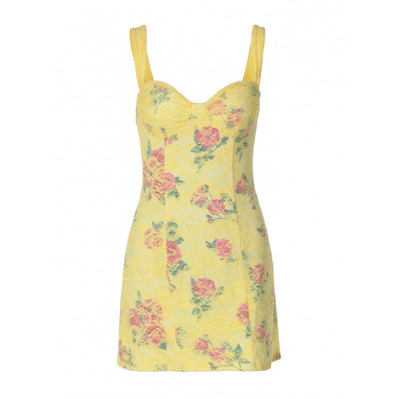 Damen Figurbetontes Sommerkleid mit Blumendruck und Herz-Ausschnitt Drune