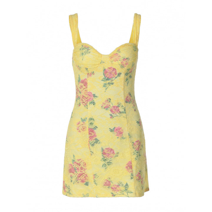 Damen Figurbetontes Sommerkleid mit Blumendruck und Herz-Ausschnitt Drune