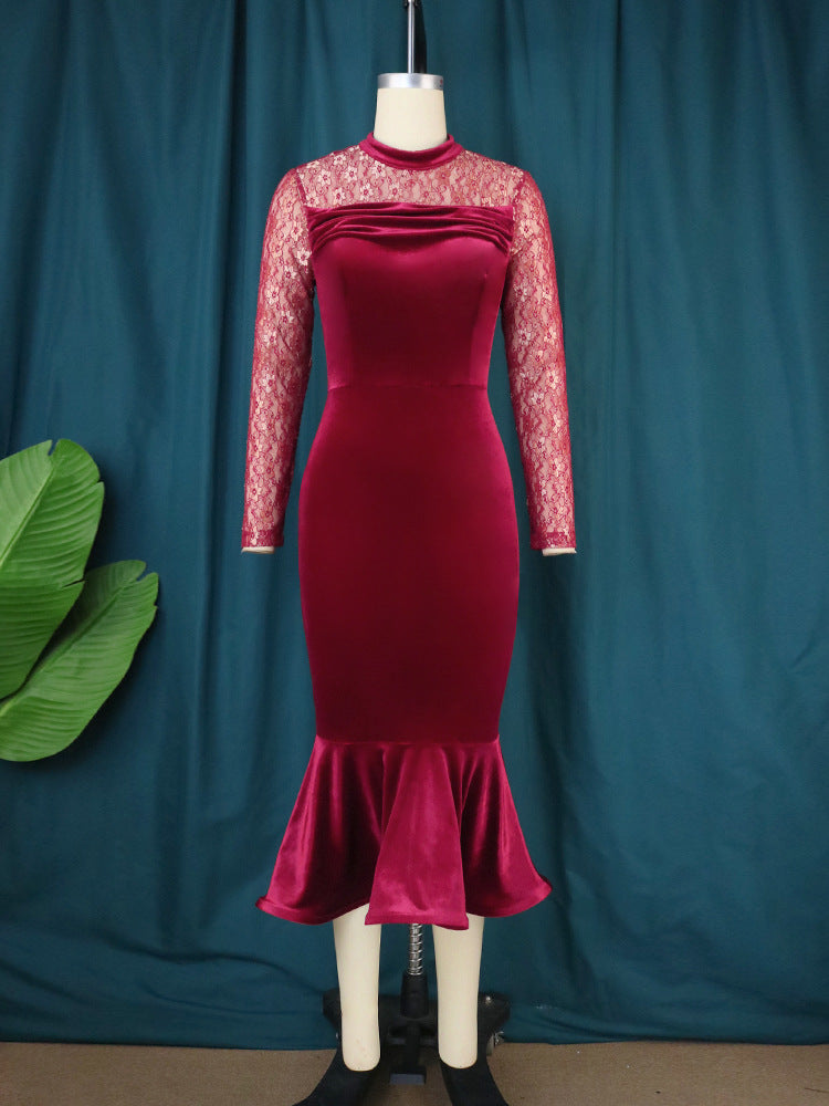 Damen Elegant Fit-and-Flare Kleid mit Spitzenärmeln Drune