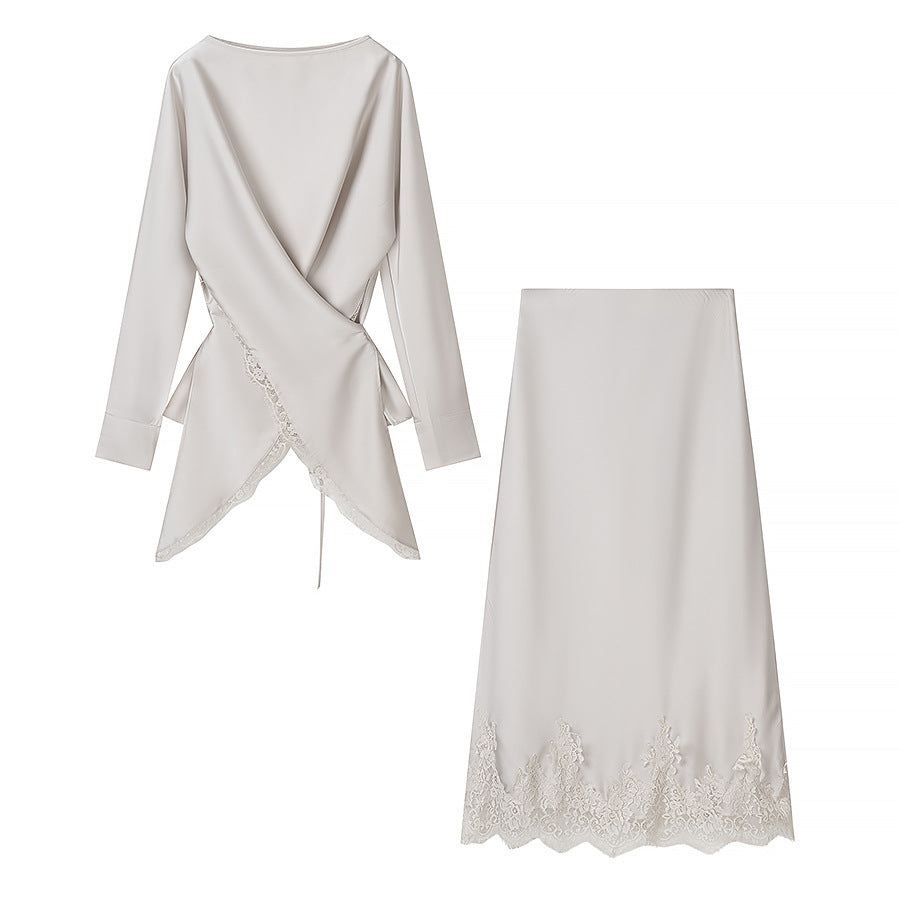 Damen elegante Wickelbluse mit Spitzenbesatz und passendem Rock Drune