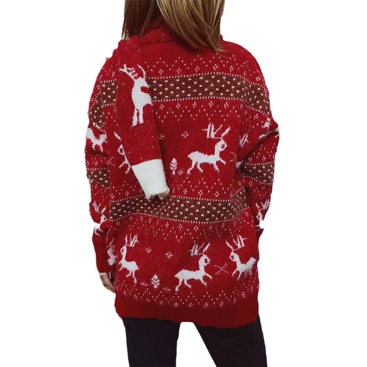 Damen Strickpullover mit festlichem Rentier-Motiv und hohem Kragen Drune
