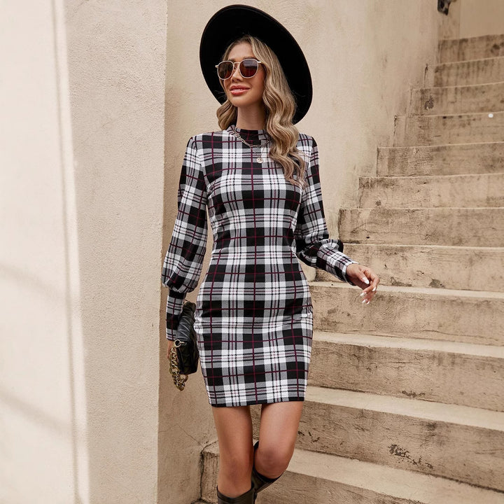 Damen figurbetontes Karo-Kleid mit Puffärmeln Drune