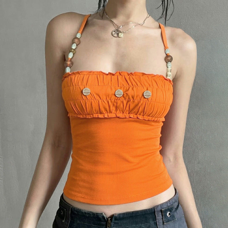 Damen Spitzen-Crop-Top mit dekorativem Rüschen und Knopfdetails Drune