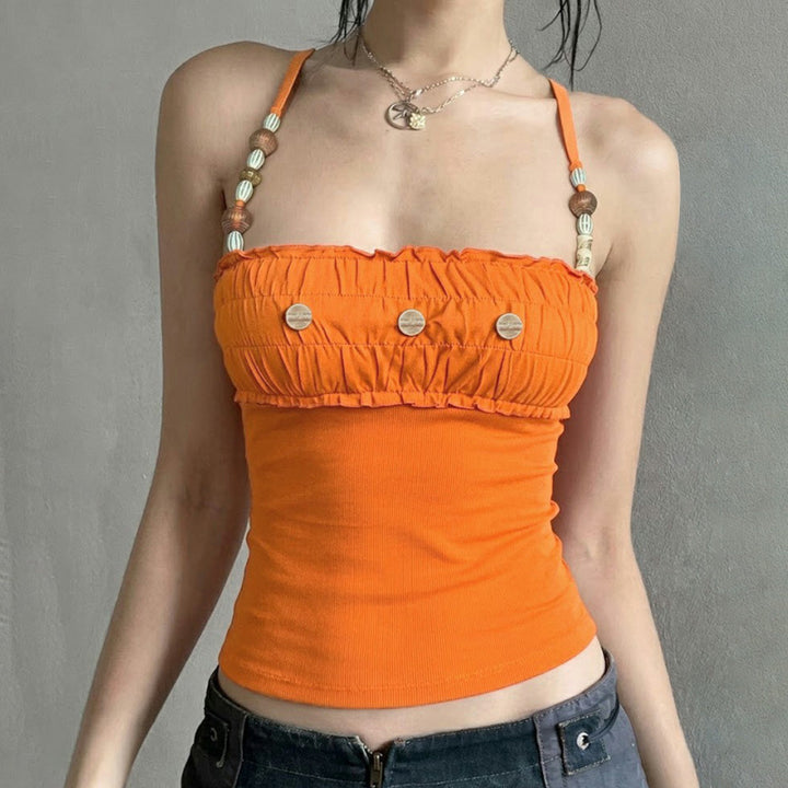 Damen Spitzen-Crop-Top mit dekorativem Rüschen und Knopfdetails Drune