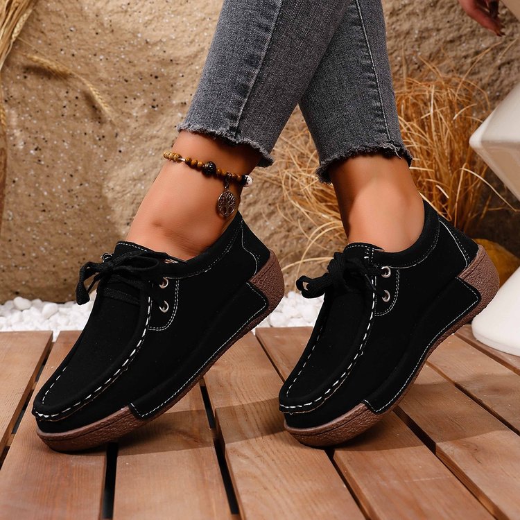 Damen mokassinartige Plateau-Sneaker mit Velourslederoptik, dekorativer Handnaht und stoßdämpfender Profilsohle Drune