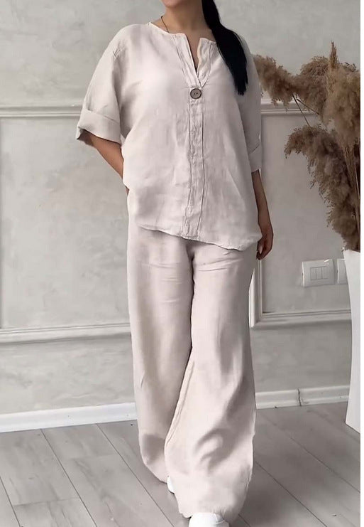 Damen nan lässiges Leinen-Relax-Set mit weiter Hose und Hemdbluse Drune