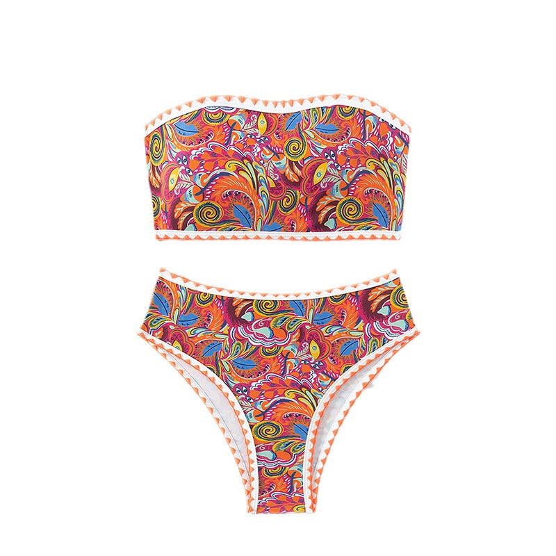 Damen Bandeau-Bikini mit buntem Psychedelic-Design und eleganten Rüschen Drune