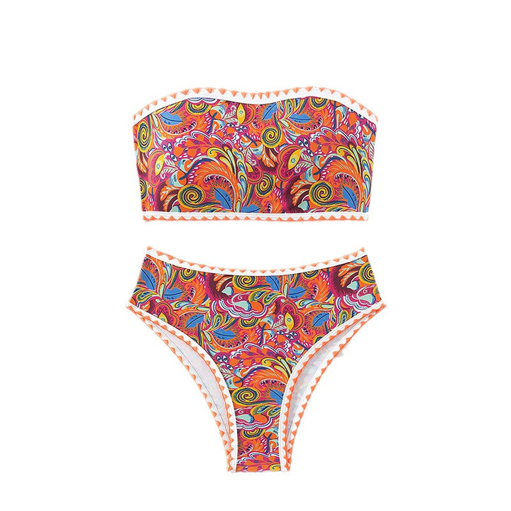 Damen Bandeau-Bikini mit buntem Psychedelic-Design und eleganten Rüschen Drune