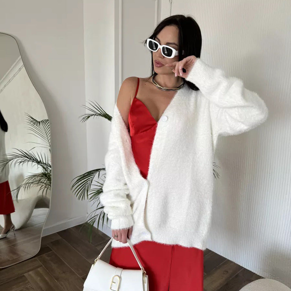 Damen kuscheliger Cardigan mit V-Ausschnitt und weichen Ärmeln Drune