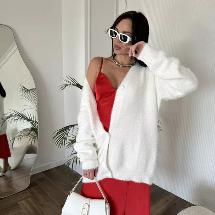 Damen kuscheliger Cardigan mit V-Ausschnitt und weichen Ärmeln Drune