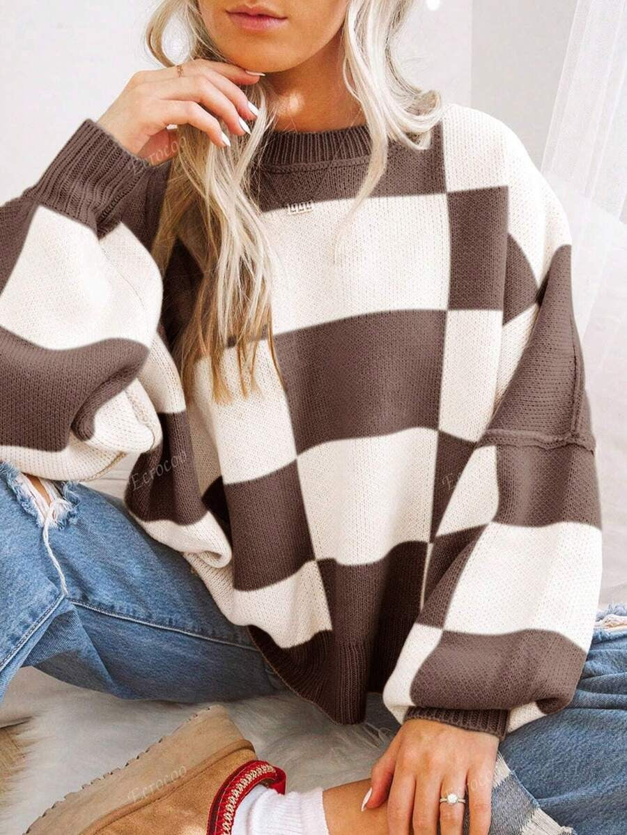 Damen Oversize-Pullover mit kariertem Muster Drune